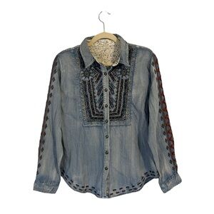 Tasha Polizzi Embroidered Chambray Boho Western Button Down Blouse